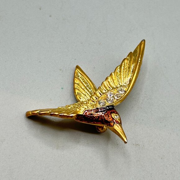 Hummingbird Pin Brooch Small Brown Enamel Little Figural Bird Animal Gold Tone - Picture 3 of 5